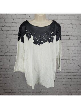 Chico's Black White Faux Leather Accent Stretch 3/4 Sleeve Top 4 US XXL